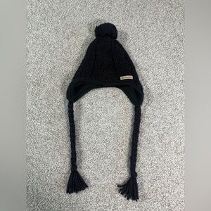Like new Columbia Women’s Fleece-Lined Knit Trapper Hat  Black with Pom & Braids